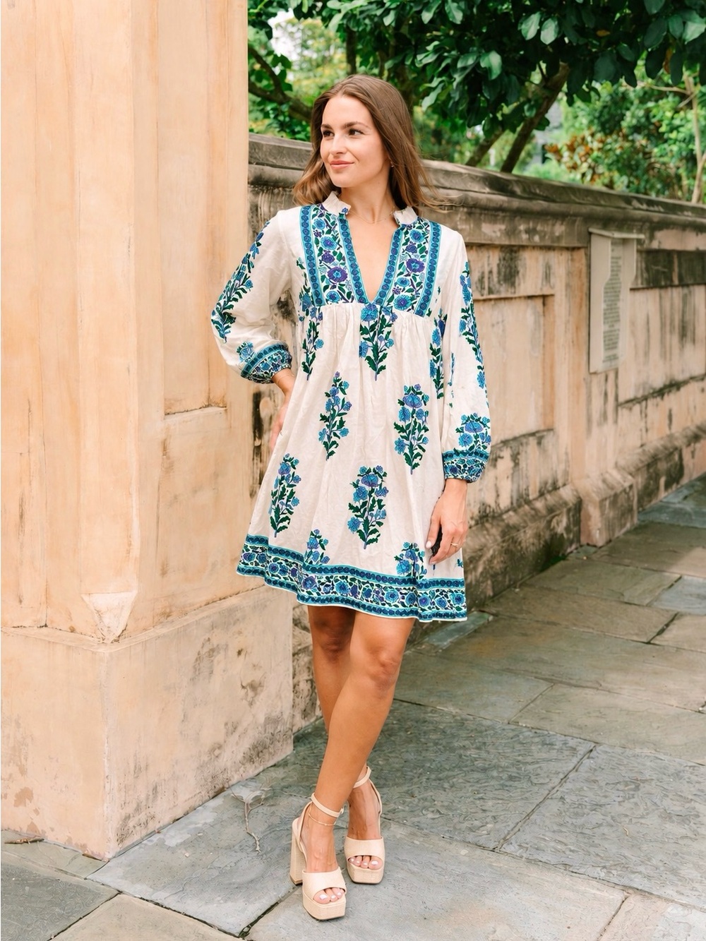 Victoria Dunn Floral Mini Dress XS | Blue Green Block Print